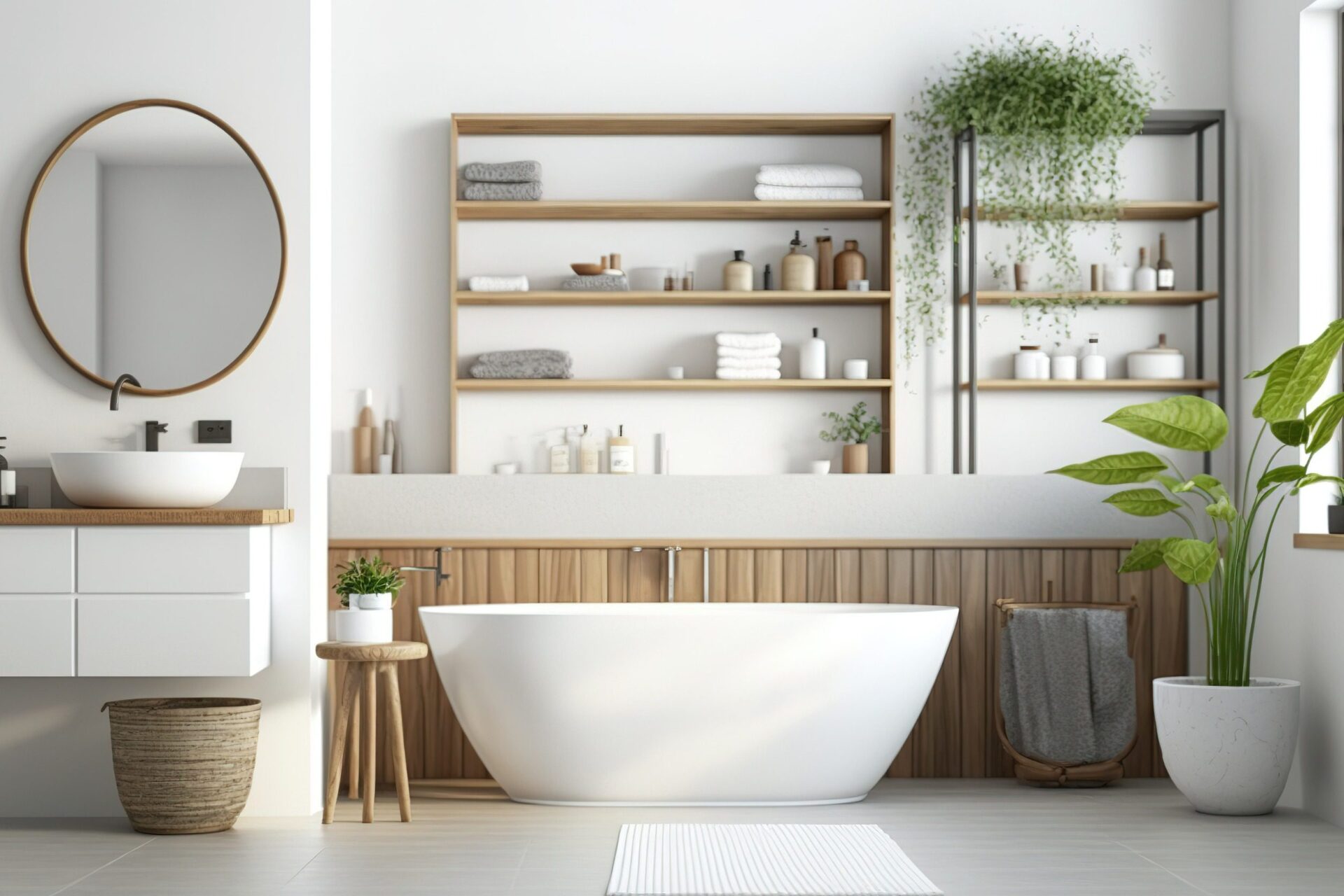 Bathroom interior in white and wood